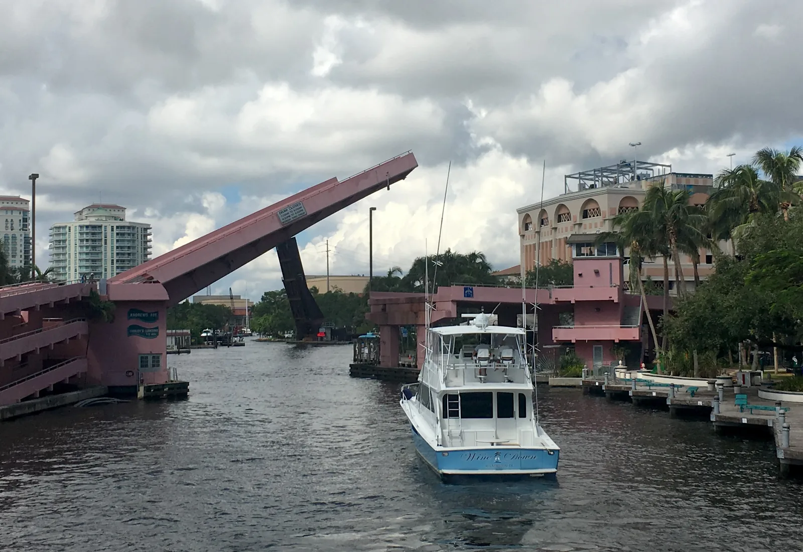 The Andrews Avenue Bridge over the New River in downtown Fort Lauderdale, raised to let a boat through