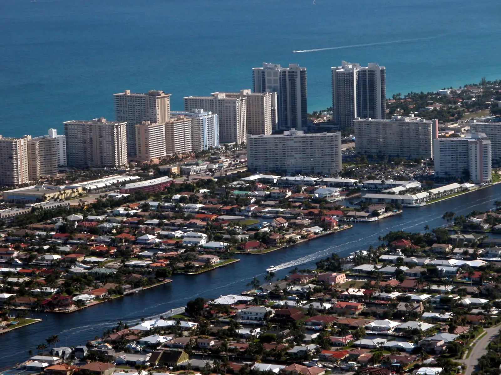 Condominium towers of the Galt Ocean Mile between the Atlantic and the Intracoastal Waterway, seen from the air