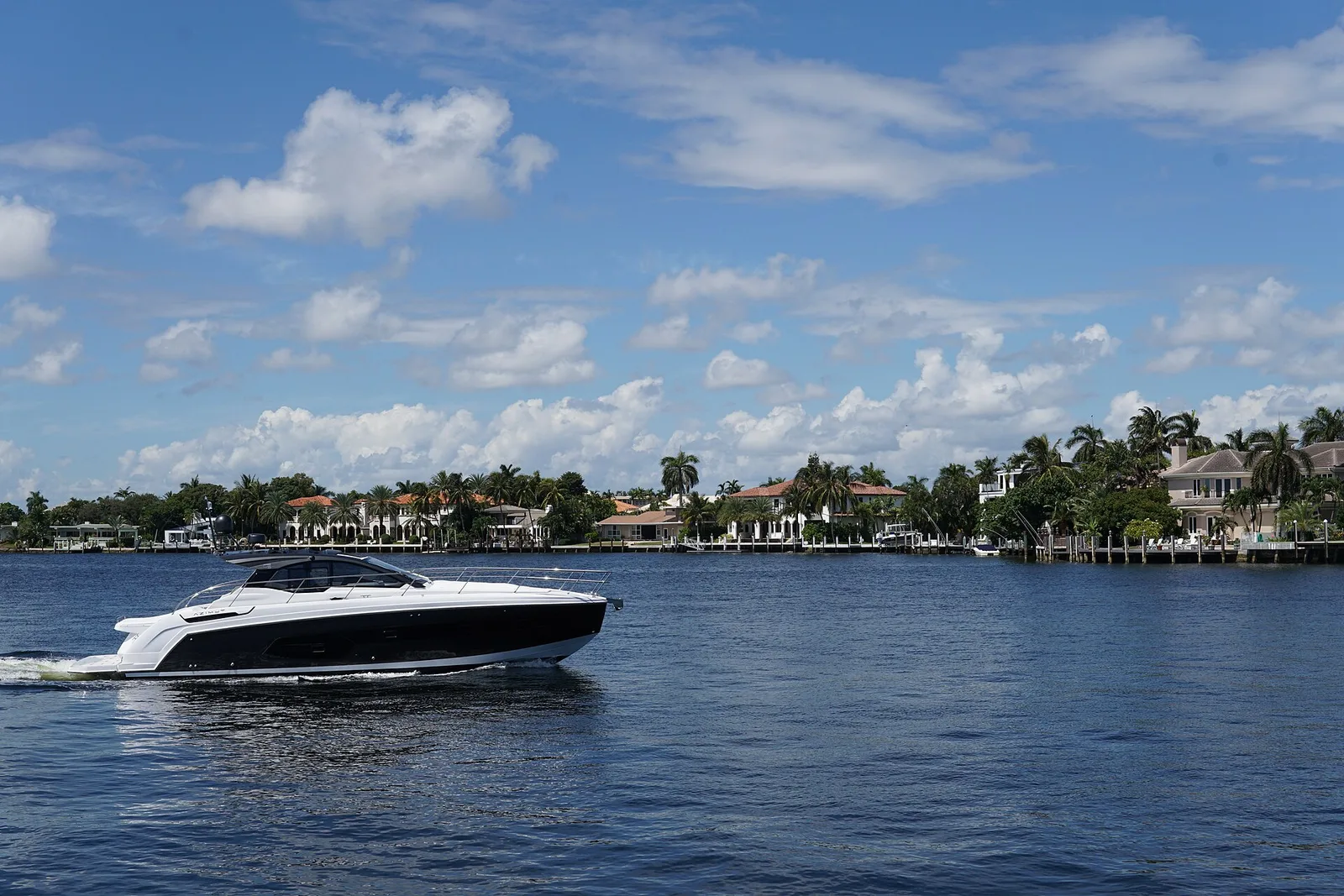 A motor yacht on the Intracoastal Waterway in Fort Lauderdale, the stretch the boat parade follows north.